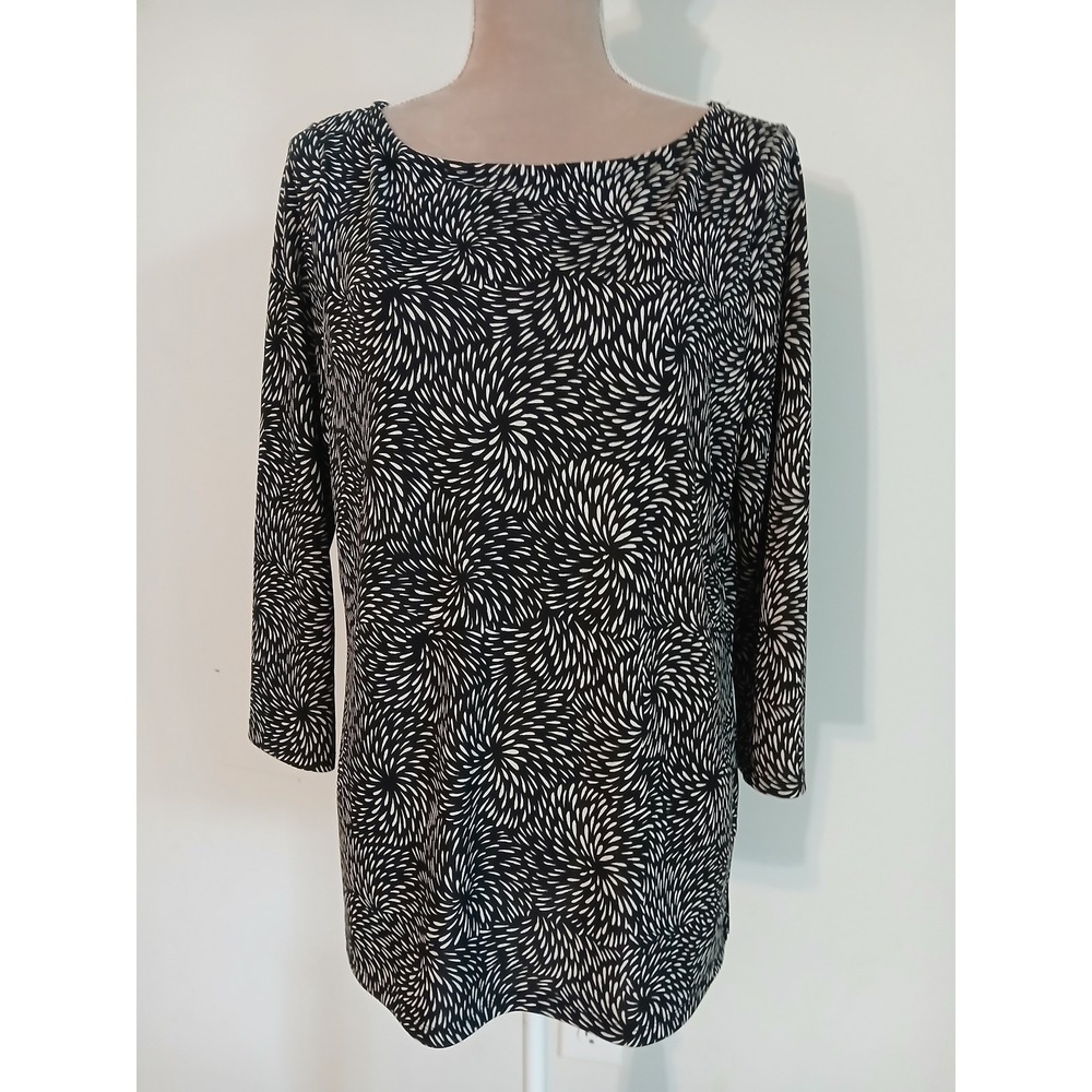Talbots Womens Black White  Swirl Boatneck Tunic Top 3/4 Sleeve Large Modest